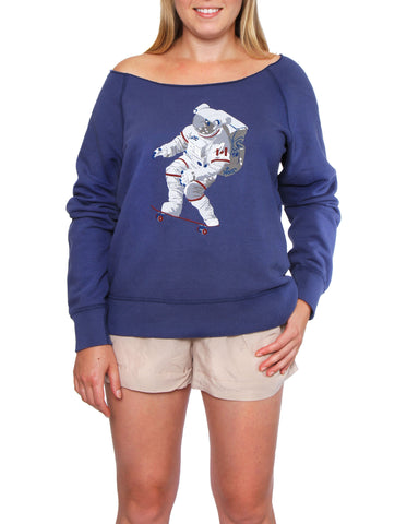 Official Chris Hadfield Skateboarding Astronaut Women's Boat Neck (Royal)