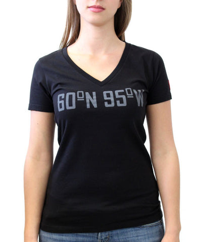 60°N 95°W Women's black v-neck t-shirt