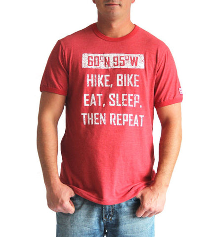 60°N 95°W Men's faded red ringer t-shirt