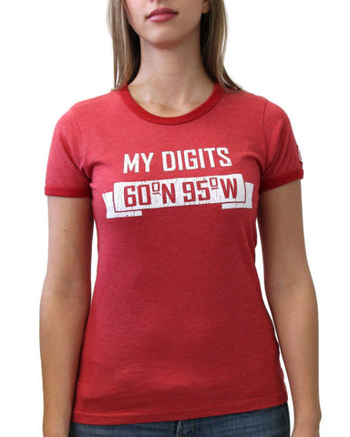 60°N 95°W Women's faded red ringer t-shirt